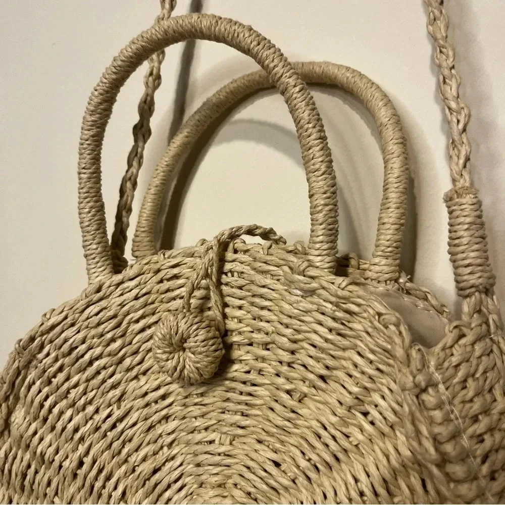 Beachy Boho Natural Woven Round Straw Satchel Crossbody Bag